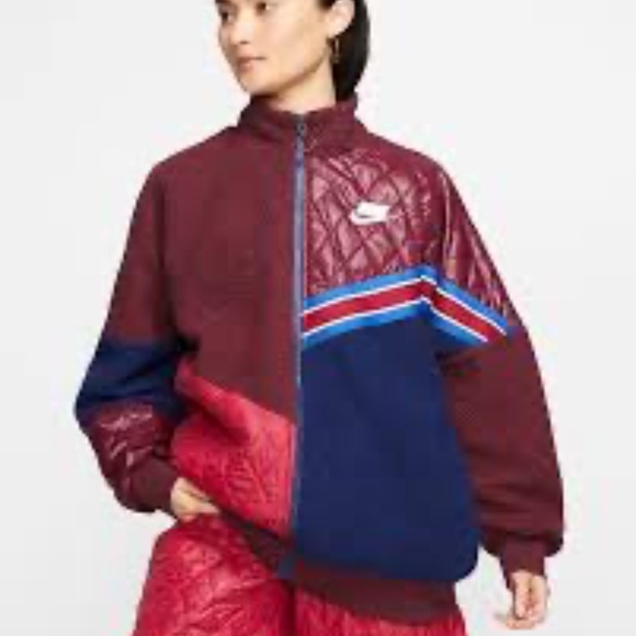 Nike Full-Zip Sherpa Track Jacket Womens Size Large Maroon Blue Sportswear - Picture 1 of 15